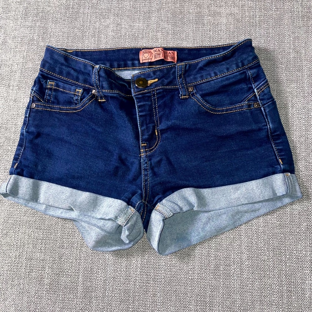 Wax Jean Mom Shorts Womens Small‎ Blue Denim Cotton Stretch Cuffed Hem Dark Wash